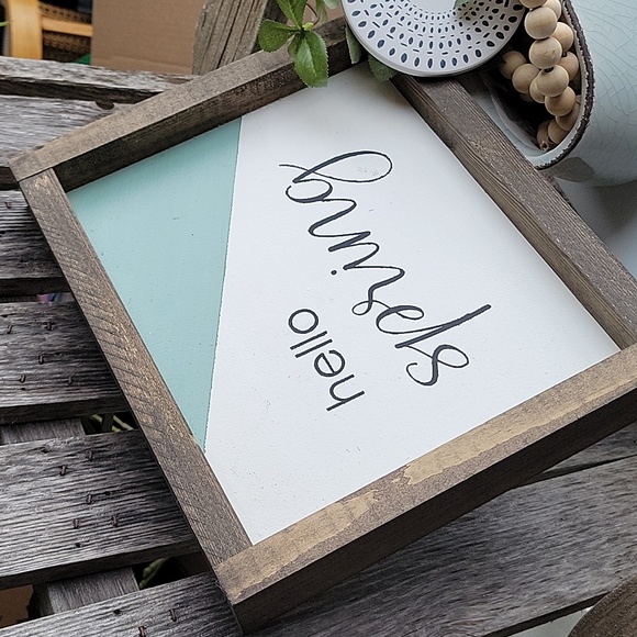 HELLO SPRING framed farmhouse wooden colorblock sage + white wall art - Picture 9 of 9